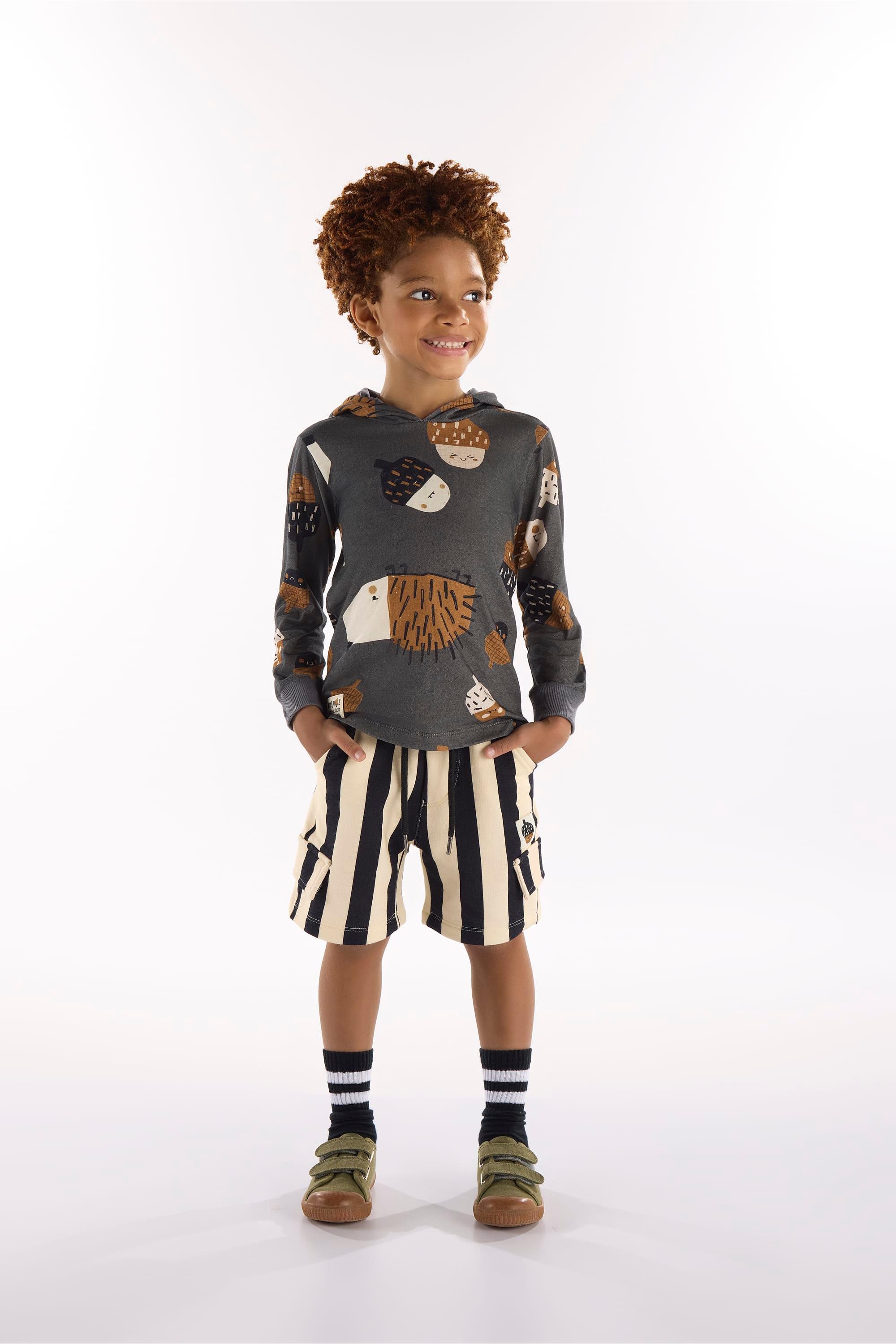 Conjunto Nozes Infantil Masculino com Camiseta e Bermuda (Cinza) Três e Já