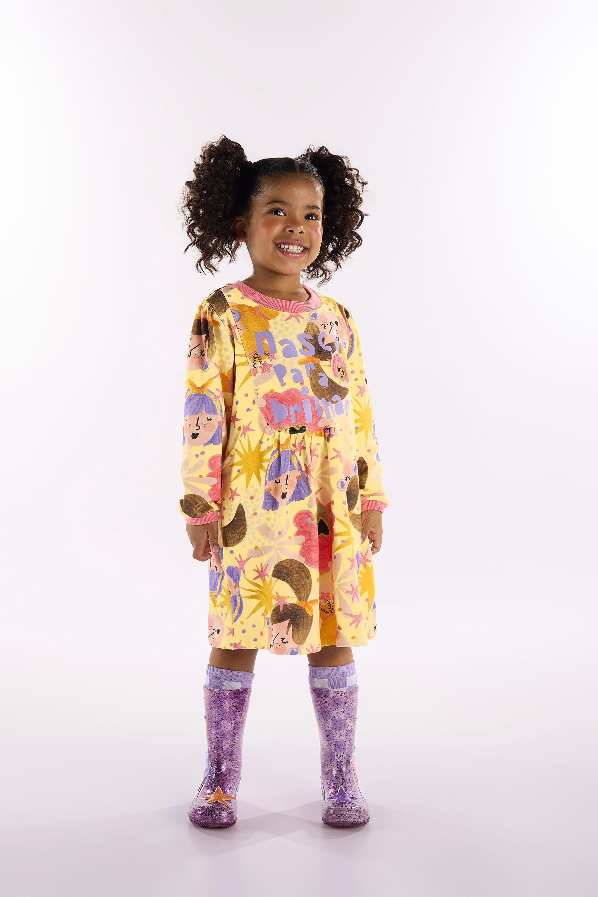 Vestido Infantil Estrela em Molecotton (Amarelo) Três e Já