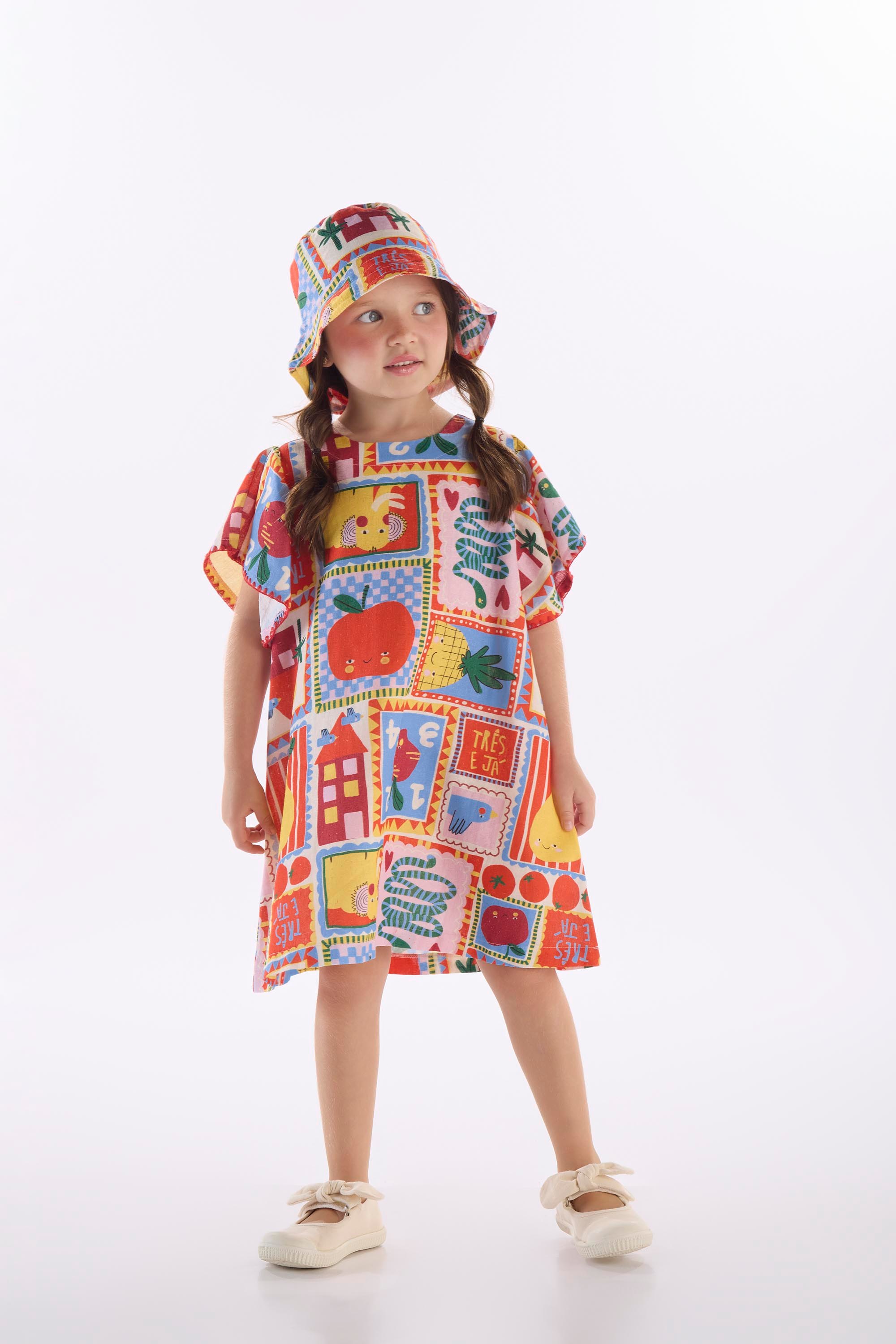 Vestido Infantil Charme em Viscolinho (Off White) Três e Já