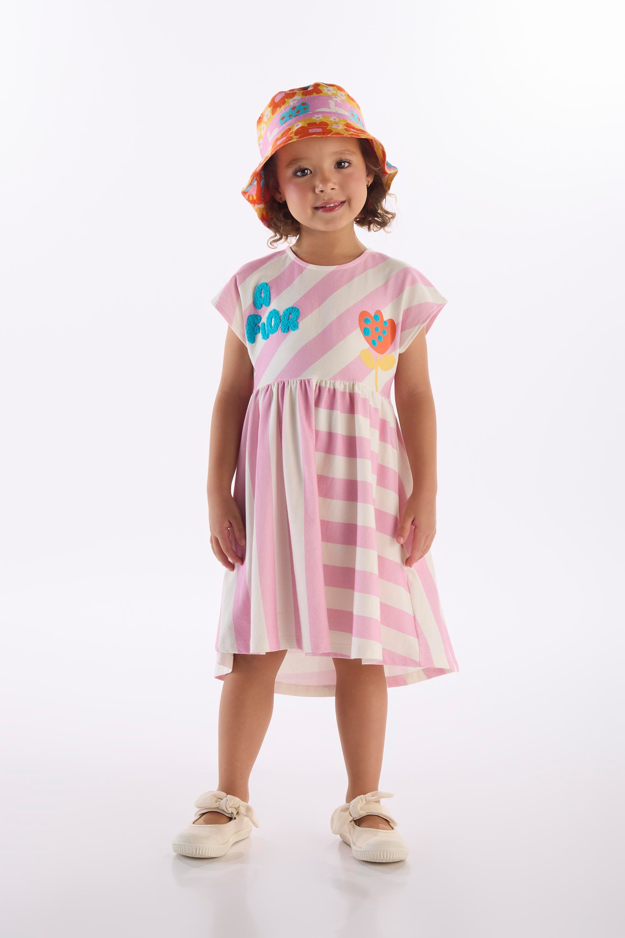 Vestido Infantil Flores em Cotton (Off White) Três e Já