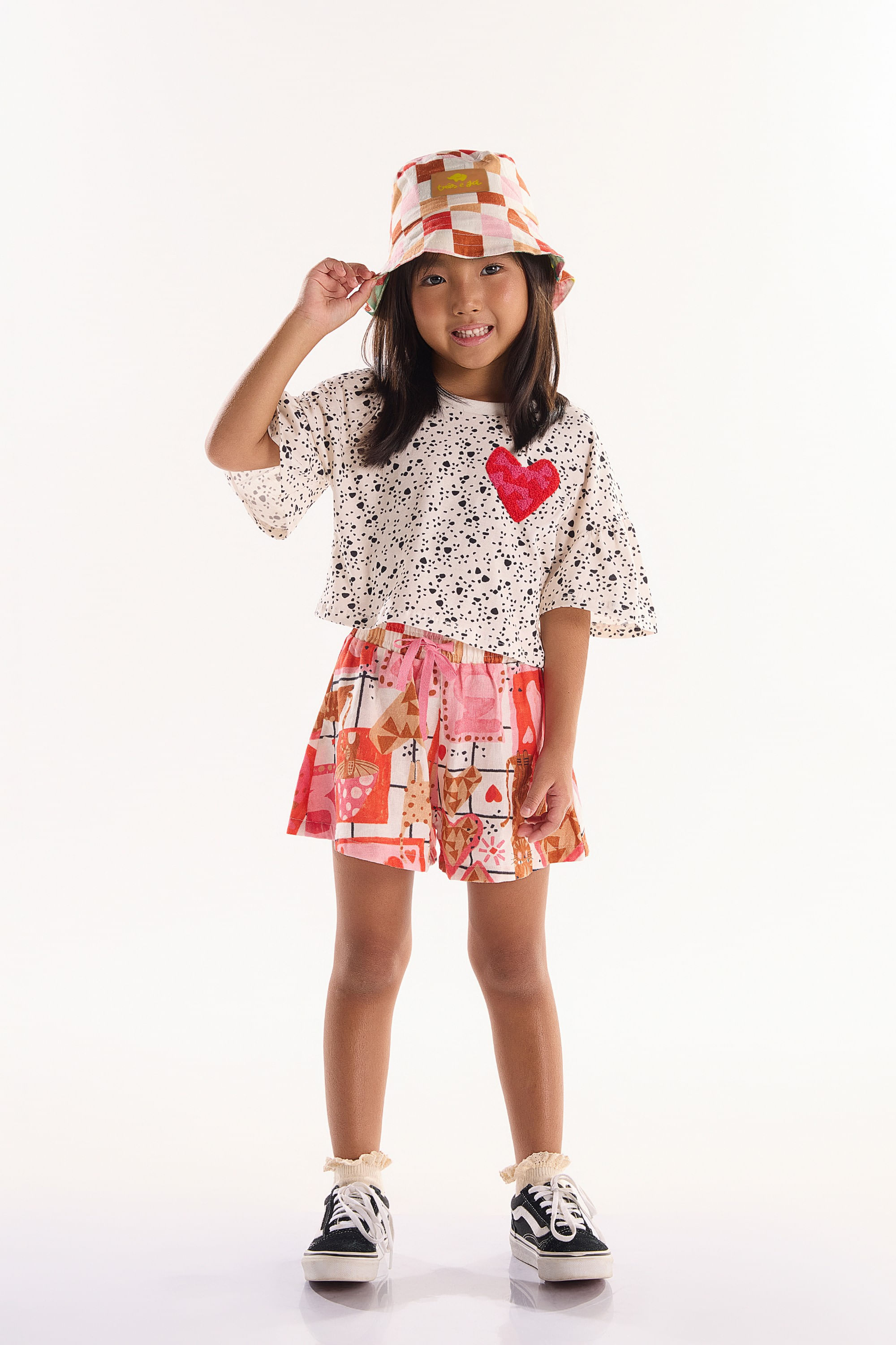 Conjunto Infantil Feminino com Blusa e Short Gatinhos (Off White) Três e Já