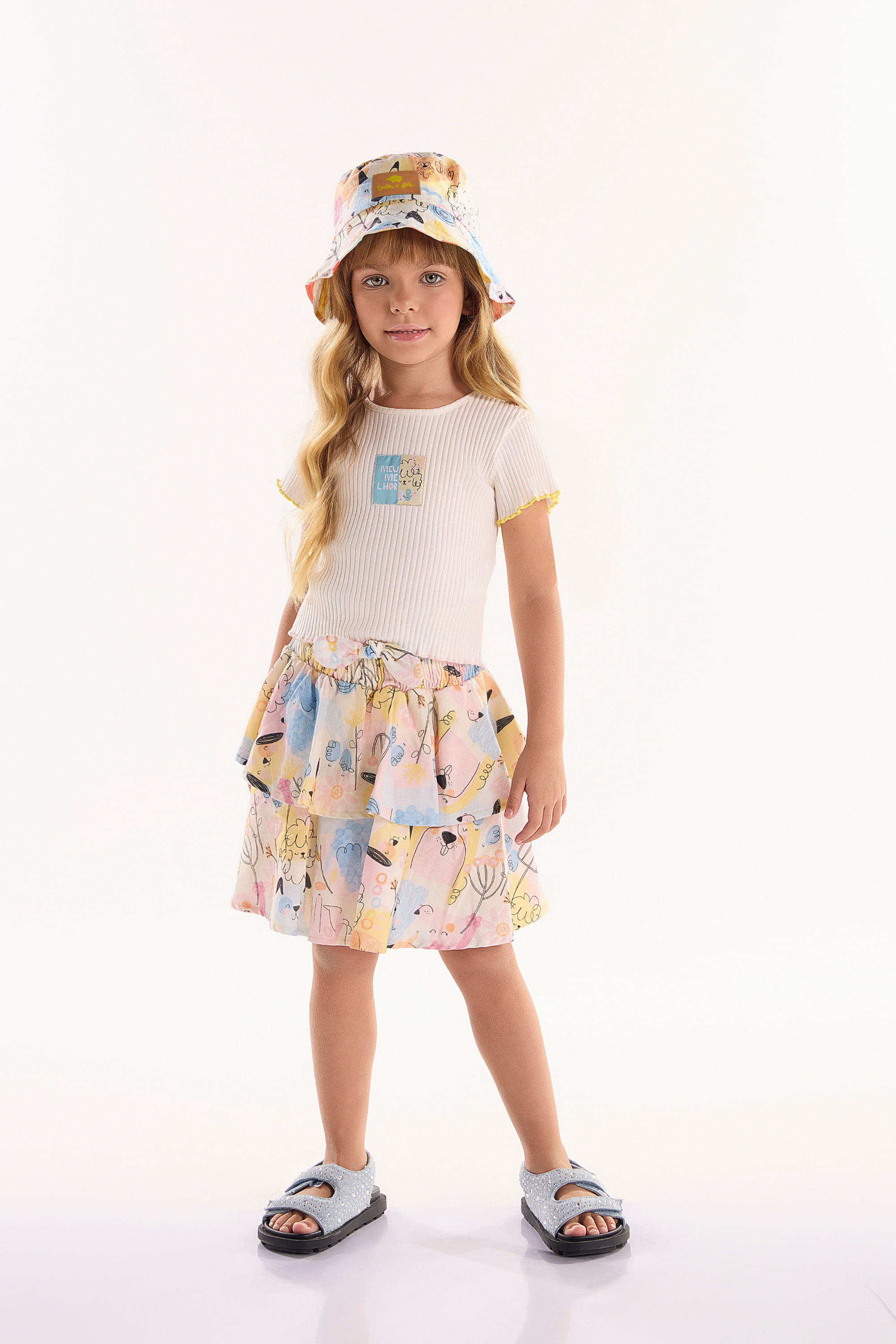 Conjunto Infantil com Cropped e Saia Aumigo (Off White) Três e Já