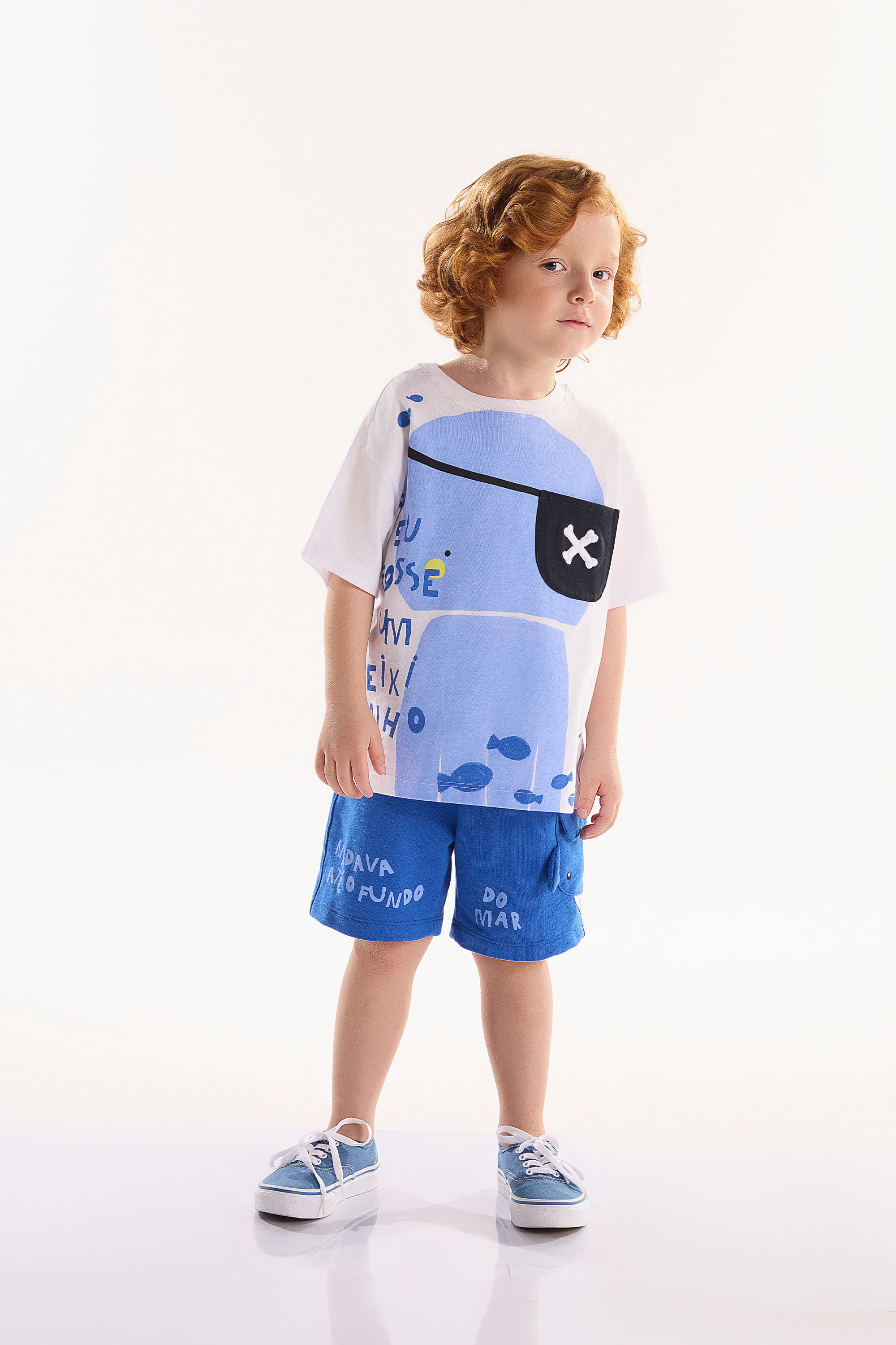 Conjunto Infantil oMar com Camiseta e Bermuda (Branco) Três e Já