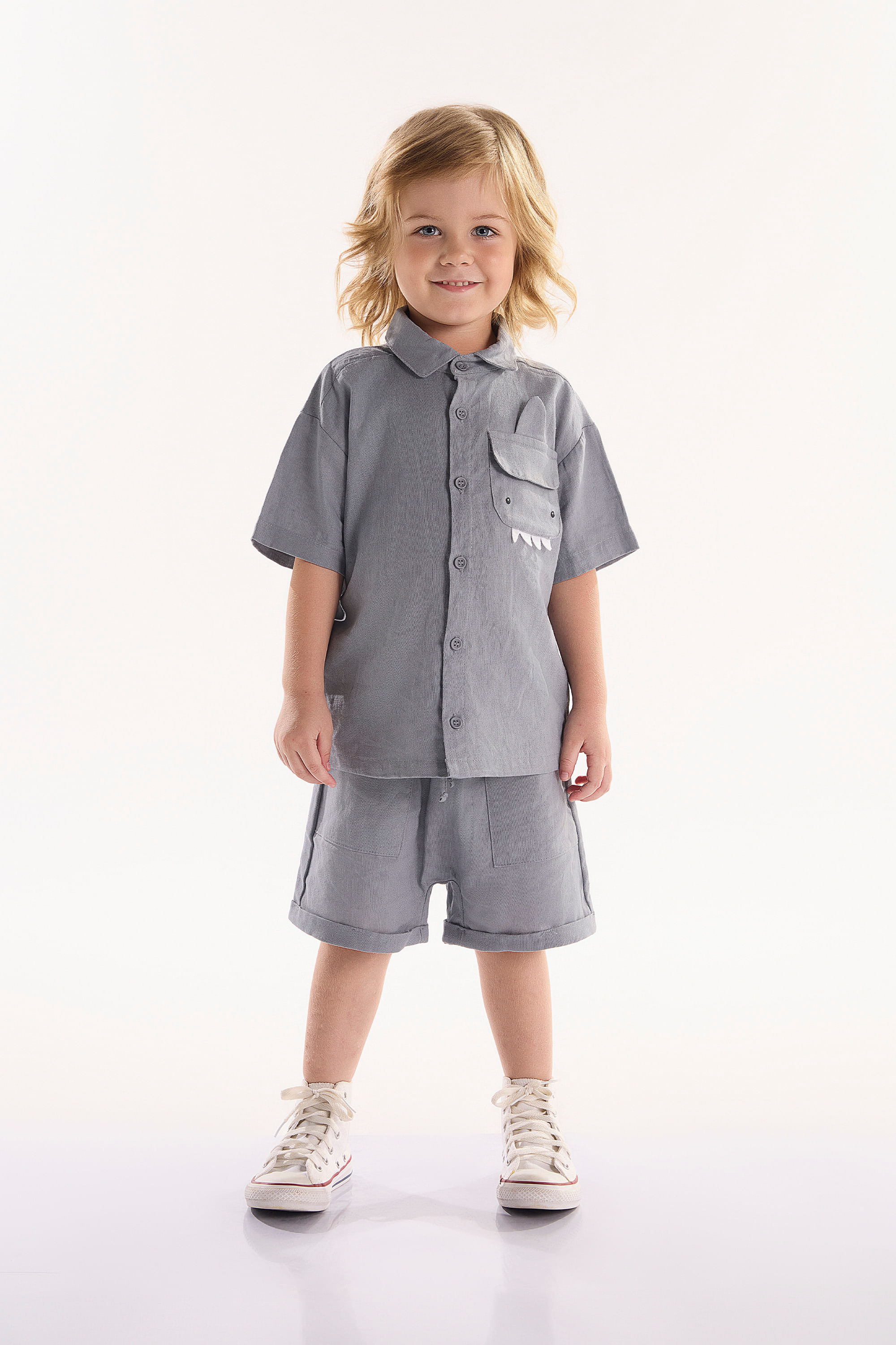 Conjunto oMar Infantil Masculino com Camisa e Short (Cinza) Três e Já - Imagem 22