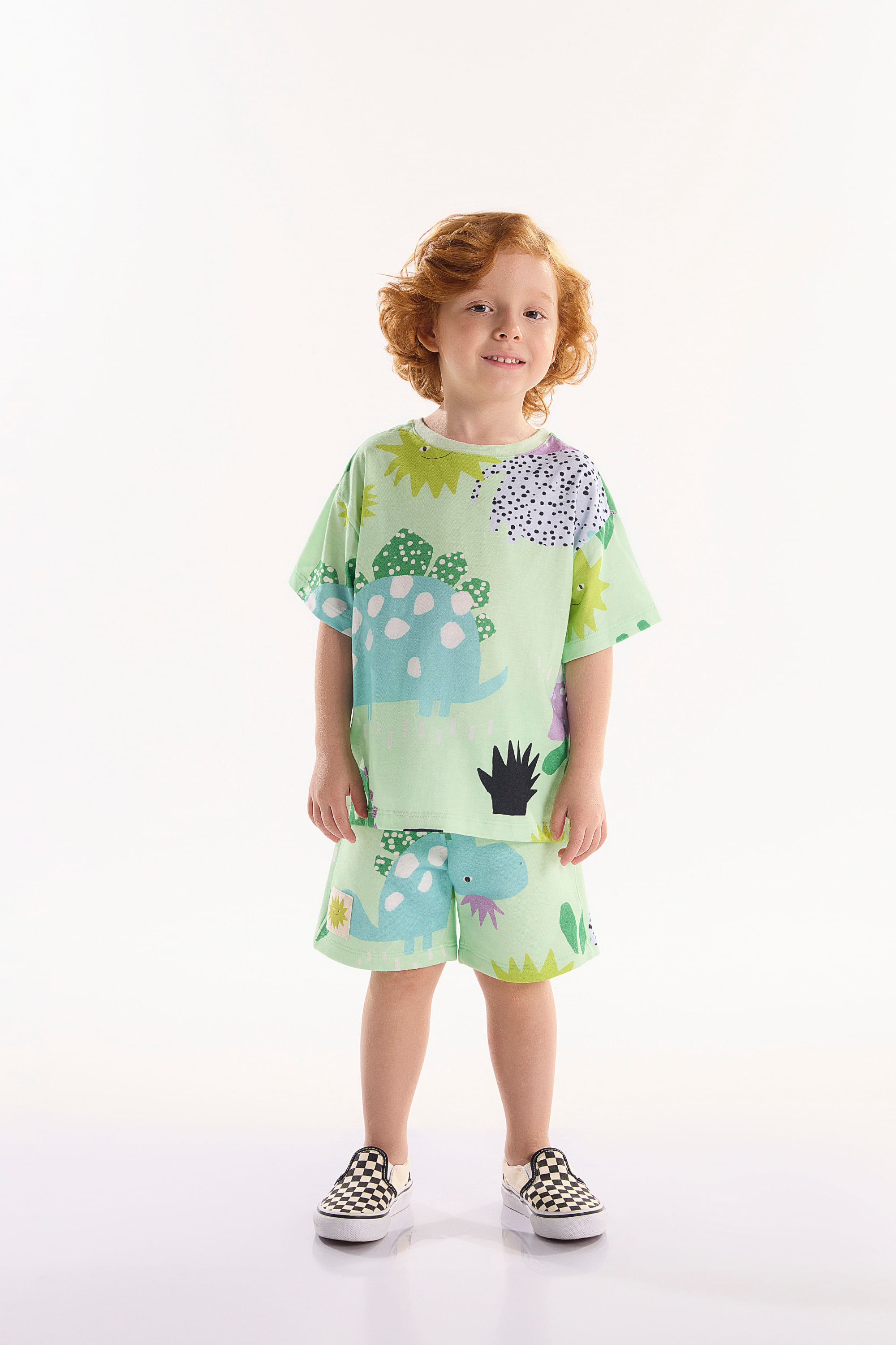 Conjunto Dino Infantil Masculino com Camiseta e Bermuda (Verde) Três e Já