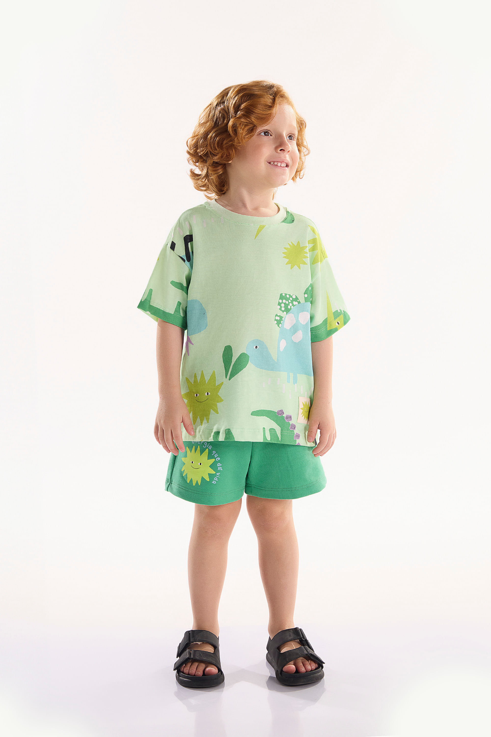 Conjunto Infantil Masculino Dino com Camiseta e Short (Verde) Três e Já