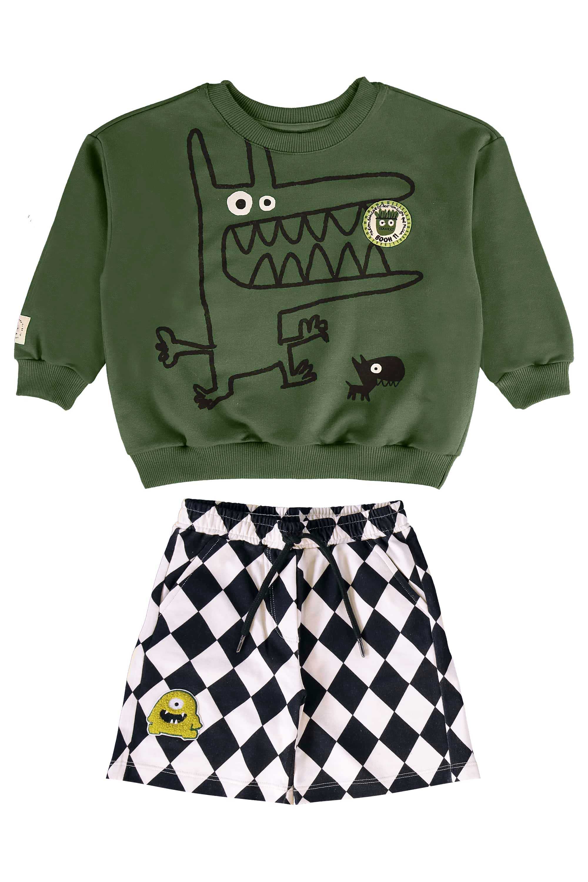 Conjunto Infantil Masculino com Blusão e Bermuda de Monstrinho (Verde) Três e Já - Imagem 2