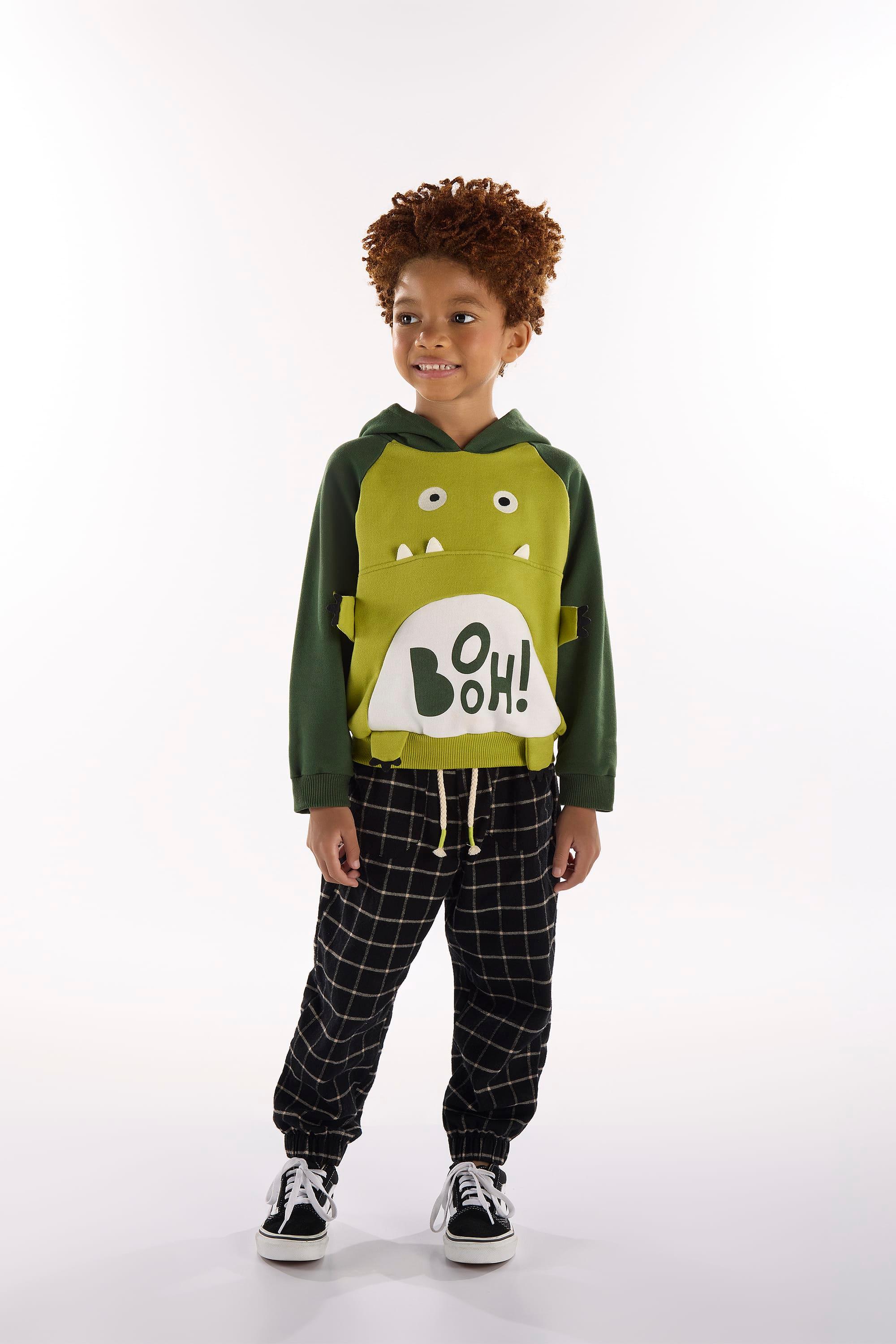Conjunto Infantil Masculino com Blusão e Calça de Monstrinho (Verde) Três e Já