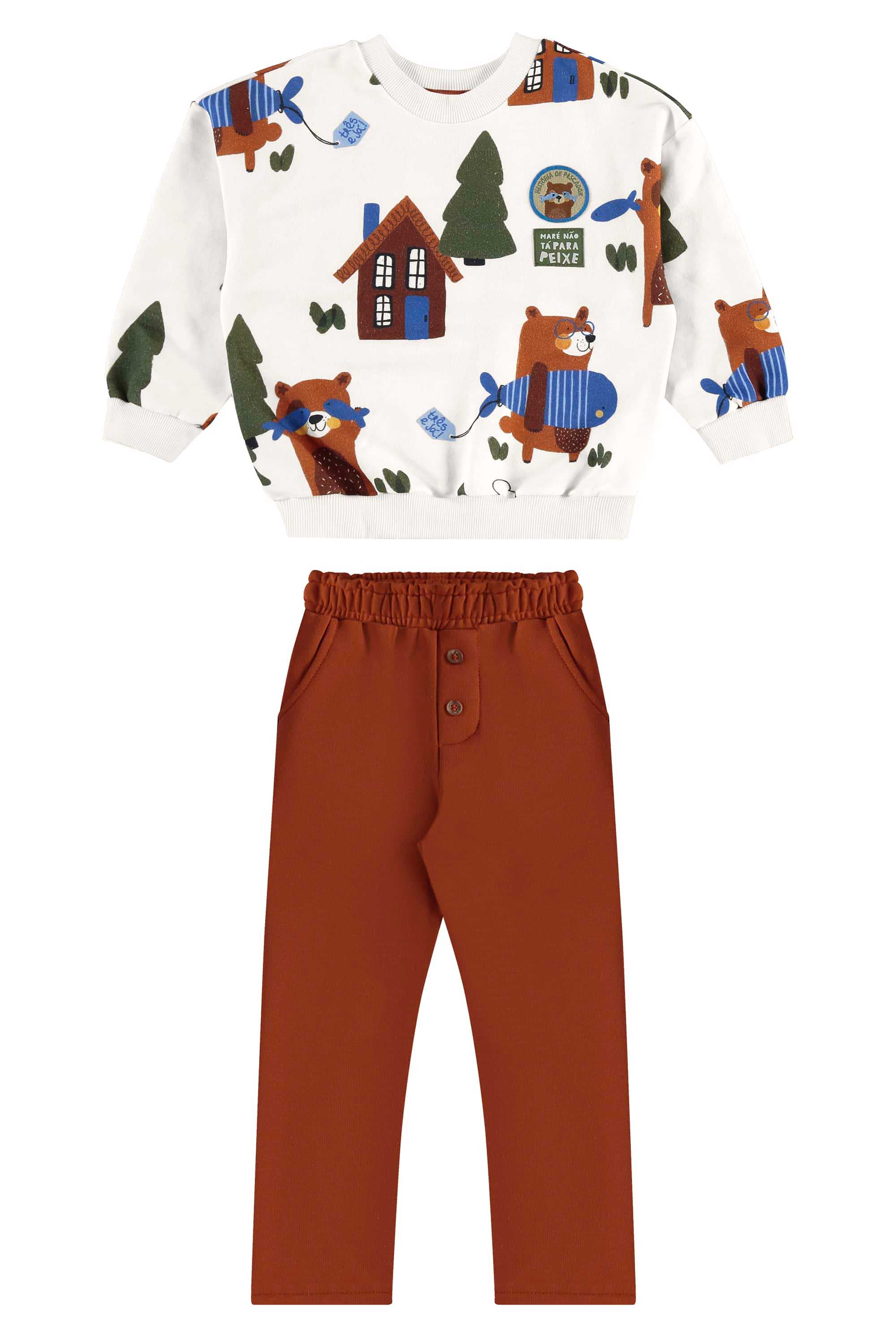 Conjunto Infantil Masculino com Blusão e Calça Urso Amigo (Marrom) Três e Já - Imagem 42