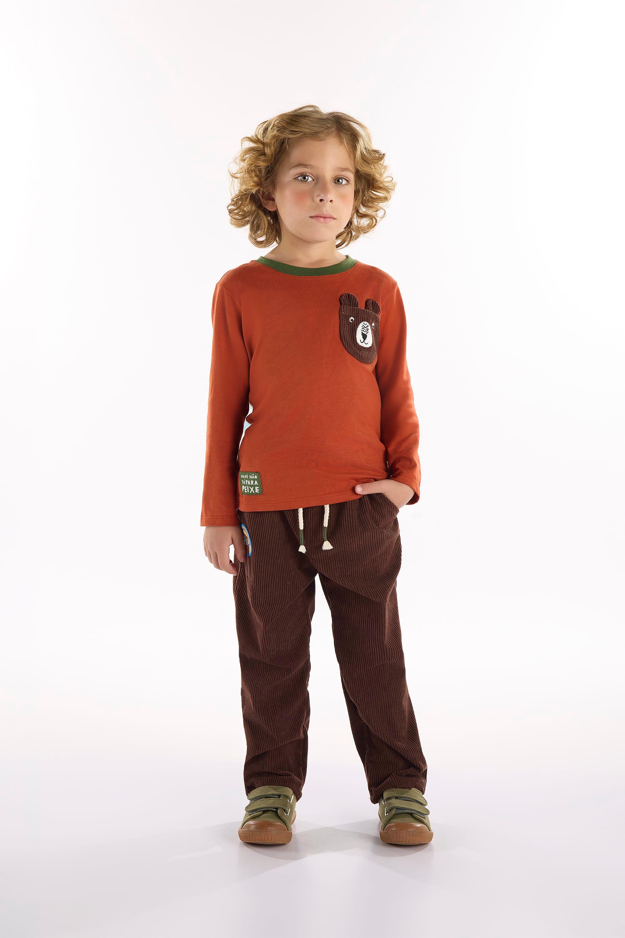 Conjunto Infantil Masculino com Camiseta e Calça Urso Amigo (Marrom) Três e Já