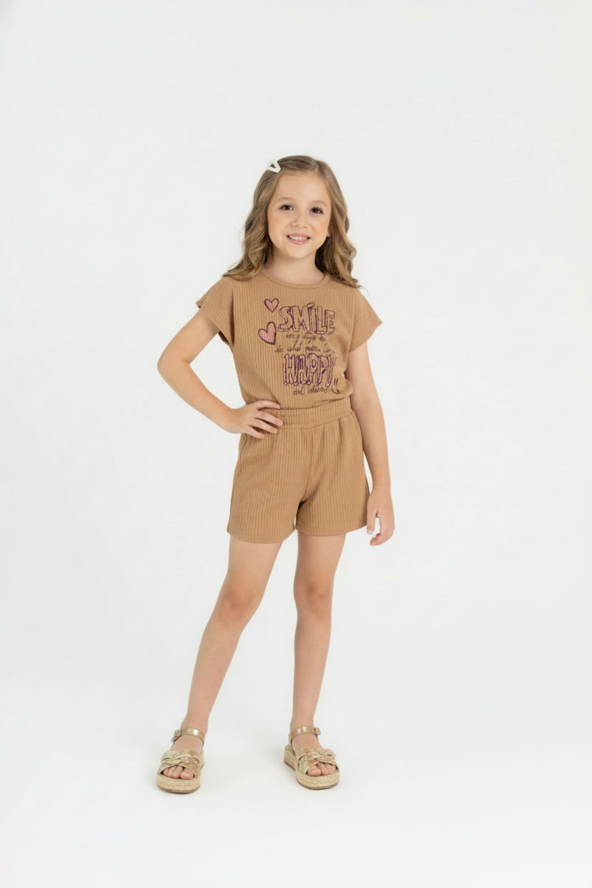 Conjunto com Blusa Cropped e Short em Ribana para Menina (Marrom) Guloseima